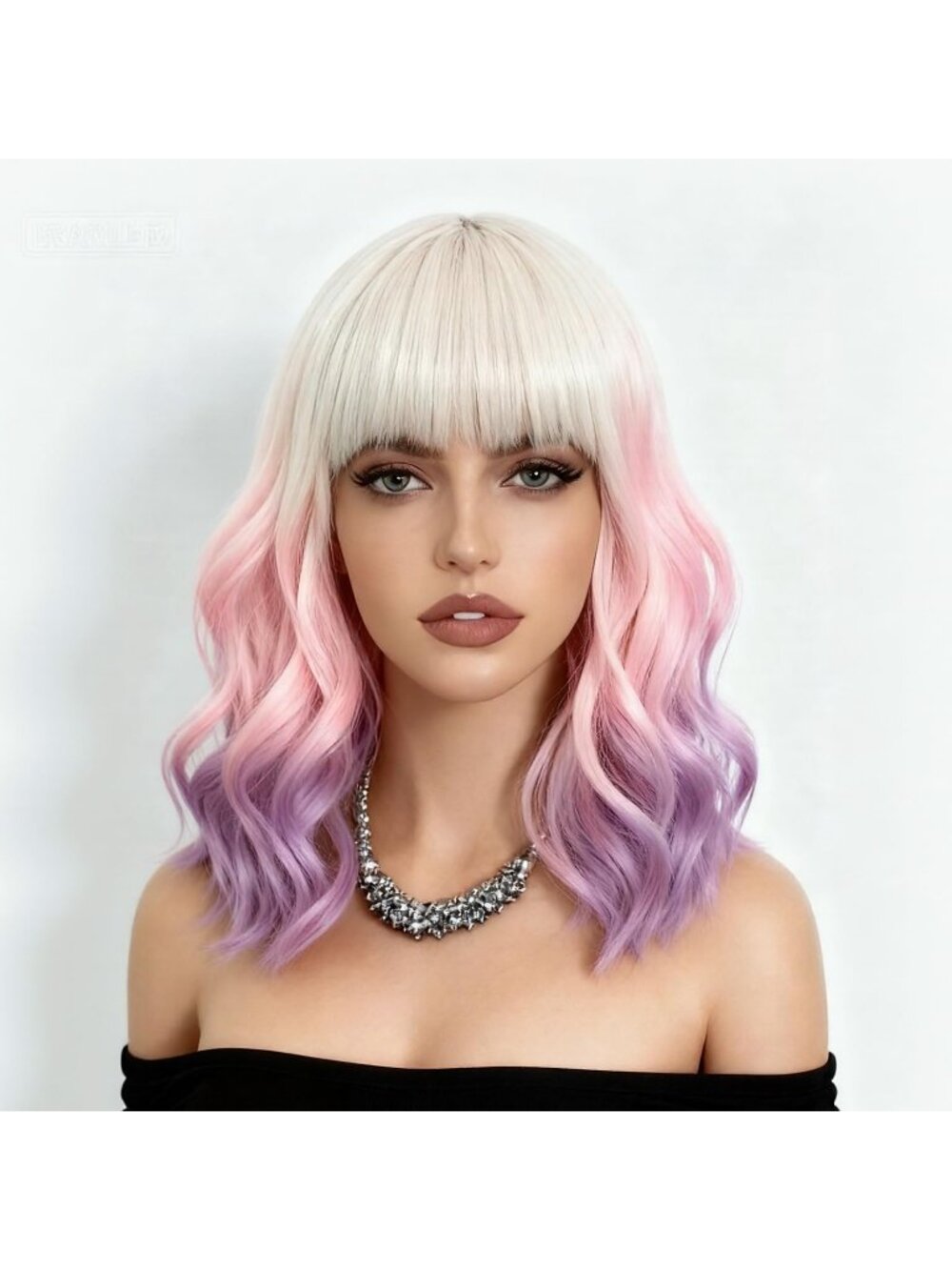Women's Purple White Ombre Bob Party Wig with Bangs Short Curly Synthetic
